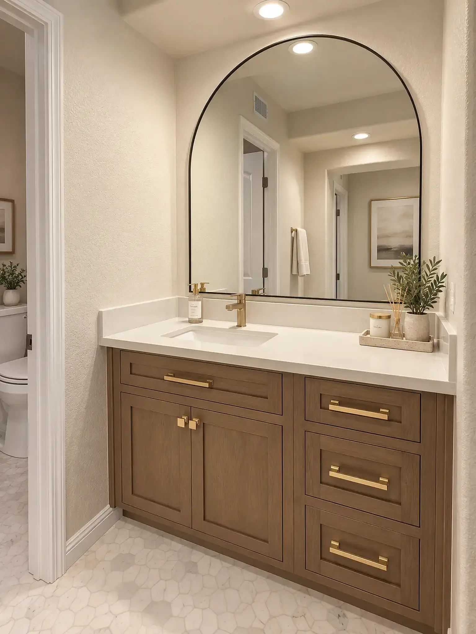 Custom wood bathroom vanity with arched mirror and brushed brass fixtures