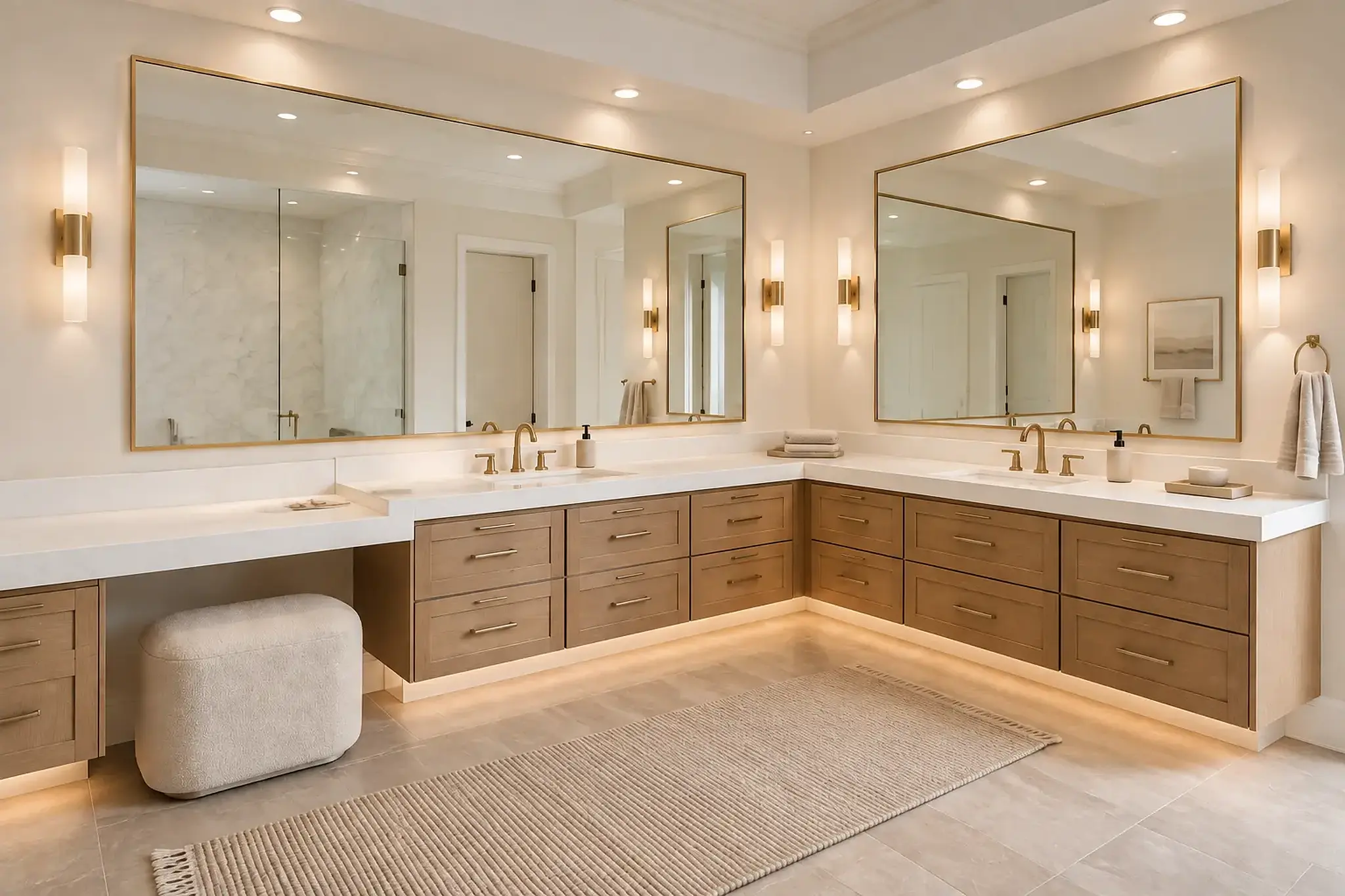 Fullerton primary bathroom remodel completed in 2025 with a custom floating wood vanity, illuminated mirrors, and brass fixtures