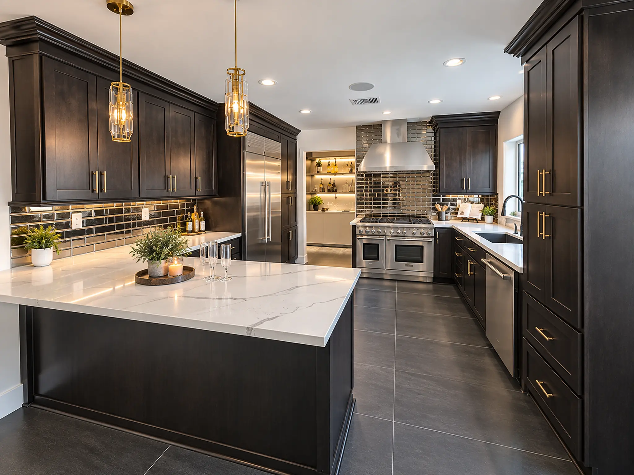 Custom dark-wood kitchen with commercial-style appliances in a full-gut home remodel