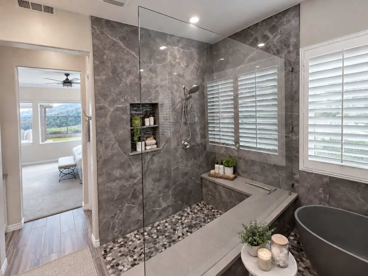 Spa-like primary bathroom with a freestanding tub