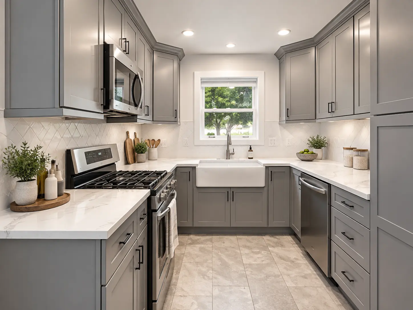 Soft gray kitchen with white countertops